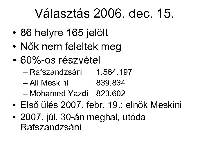 Választás 2006. dec. 15. • 86 helyre 165 jelölt • Nők nem feleltek meg