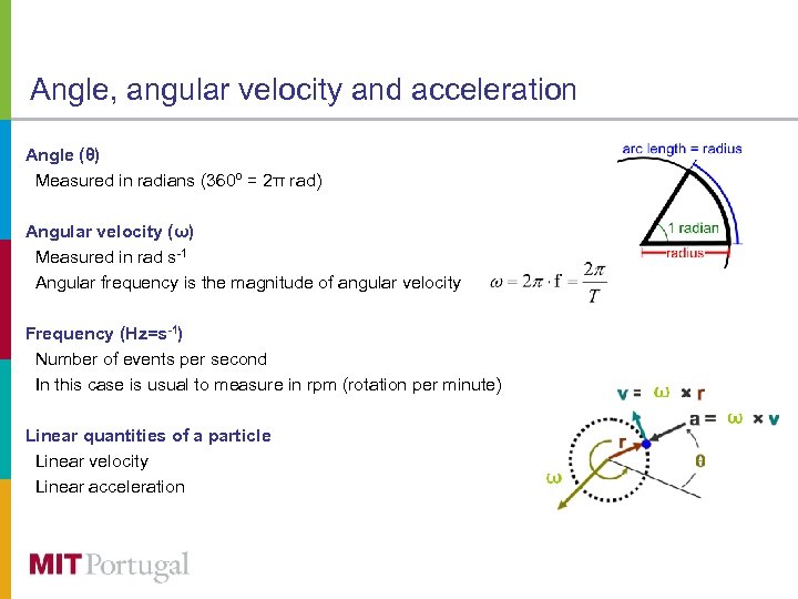 Angle, angular velocity and acceleration Angle (θ) Measured in radians (360º = 2π rad)