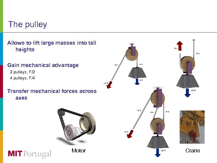 The pulley Allows to lift large masses into tall heights Gain mechanical advantage 2