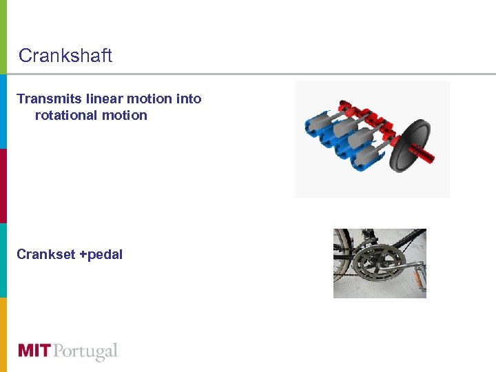 Crankshaft Transmits linear motion into rotational motion Crankset +pedal 
