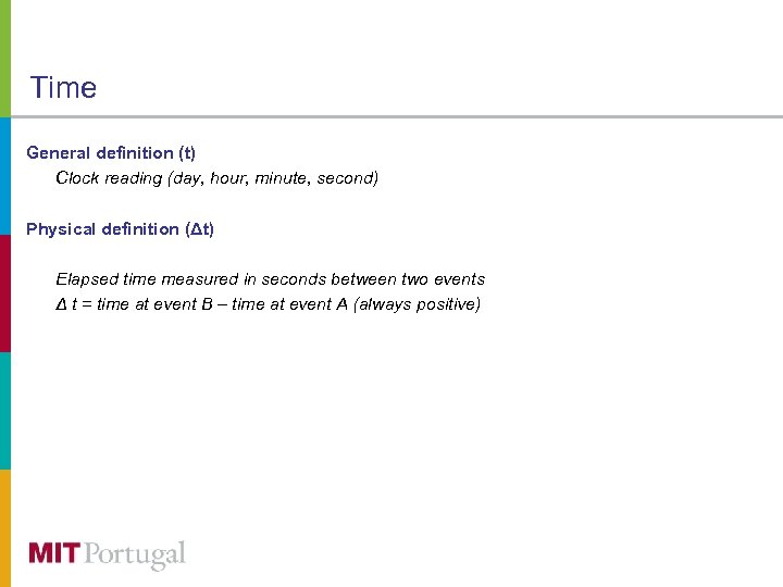Time General definition (t) Clock reading (day, hour, minute, second) Physical definition (Δt) Elapsed