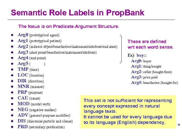 Semantic Role Labels in Prop. Bank The focus is on Predicate-Argument Structure. l l