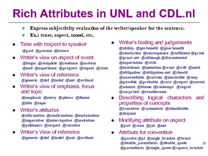 Rich Attributes in UNL and CDL. nl Express subjectivity evaluation of the writer/speaker for