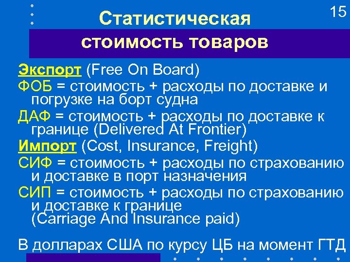 Статистическая стоимость товаров 15 Экспорт (Free On Board) ФОБ = стоимость + расходы по