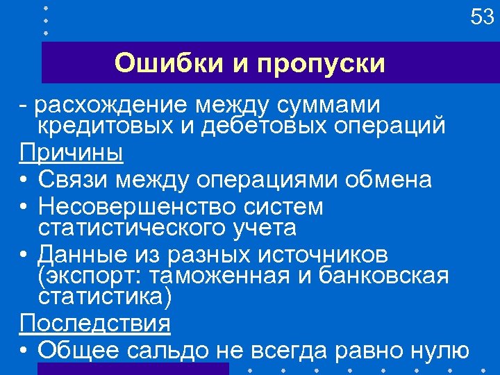 53 Ошибки и пропуски - расхождение между суммами кредитовых и дебетовых операций Причины •