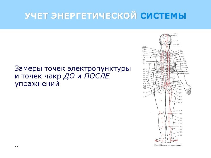 УЧЕТ ЭНЕРГЕТИЧЕСКОЙ СИСТЕМЫ Замеры точек электропунктуры и точек чакр ДО и ПОСЛЕ упражнений 11