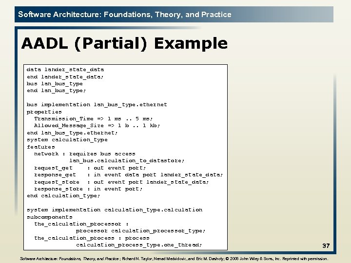 Software Architecture: Foundations, Theory, and Practice AADL (Partial) Example data lander_state_data end lander_state_data; bus