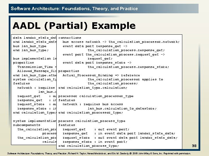 Software Architecture: Foundations, Theory, and Practice AADL (Partial) Example data lander_state_dataconnections end lander_state_data; bus