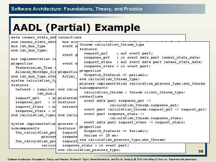 Software Architecture: Foundations, Theory, and Practice AADL (Partial) Example data lander_state_dataconnections end lander_state_data; bus