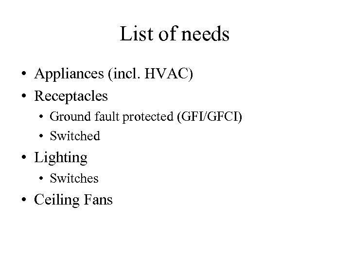 List of needs • Appliances (incl. HVAC) • Receptacles • Ground fault protected (GFI/GFCI)
