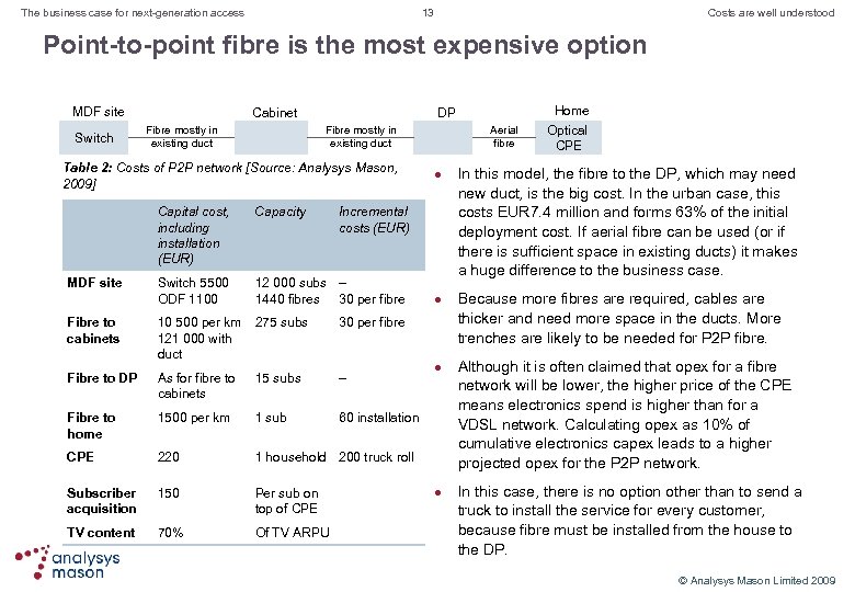 13 The business case for next-generation access Costs are well understood Point-to-point fibre is