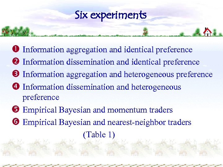 Six experiments Information aggregation and identical preference Information dissemination and identical preference Information aggregation