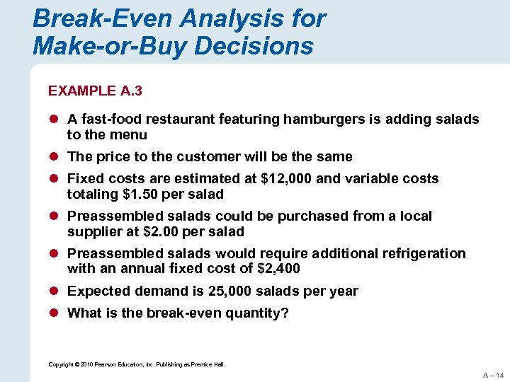 Break-Even Analysis for Make-or-Buy Decisions EXAMPLE A. 3 l A fast-food restaurant featuring hamburgers