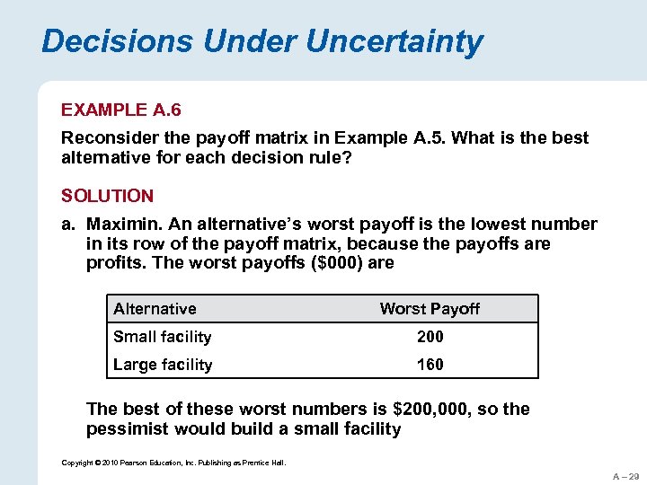 Decisions Under Uncertainty EXAMPLE A. 6 Reconsider the payoff matrix in Example A. 5.