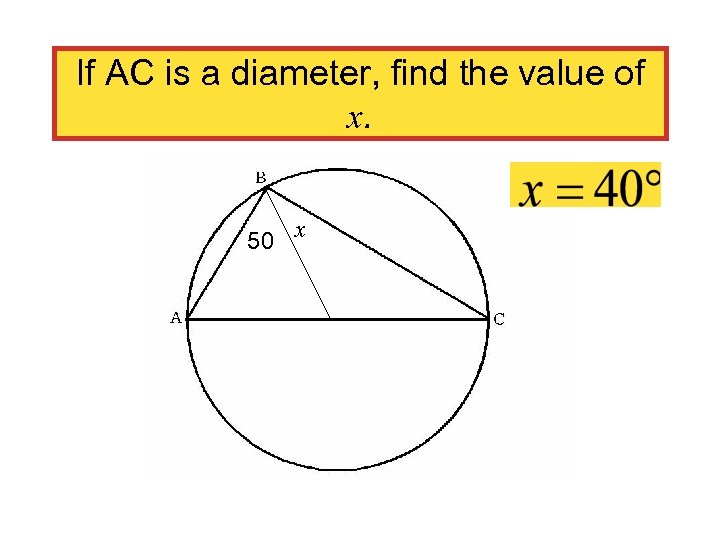 If AC is a diameter, find the value of x. 50 x 