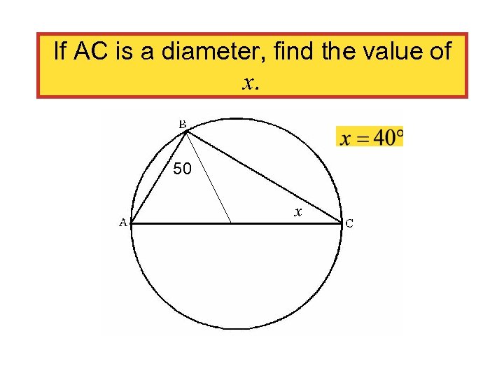 If AC is a diameter, find the value of x. 50 x 
