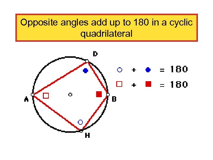 Opposite angles add up to 180 in a cyclic quadrilateral 