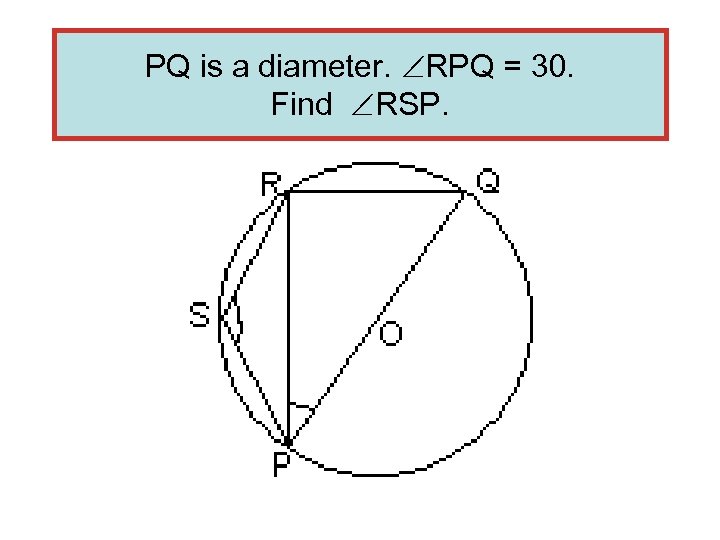 PQ is a diameter. RPQ = 30. Find RSP. 