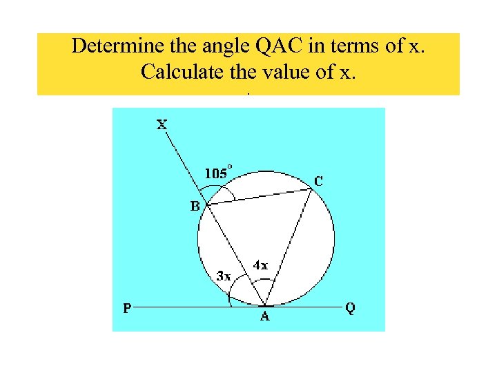 Determine the angle QAC in terms of x. Calculate the value of x. .