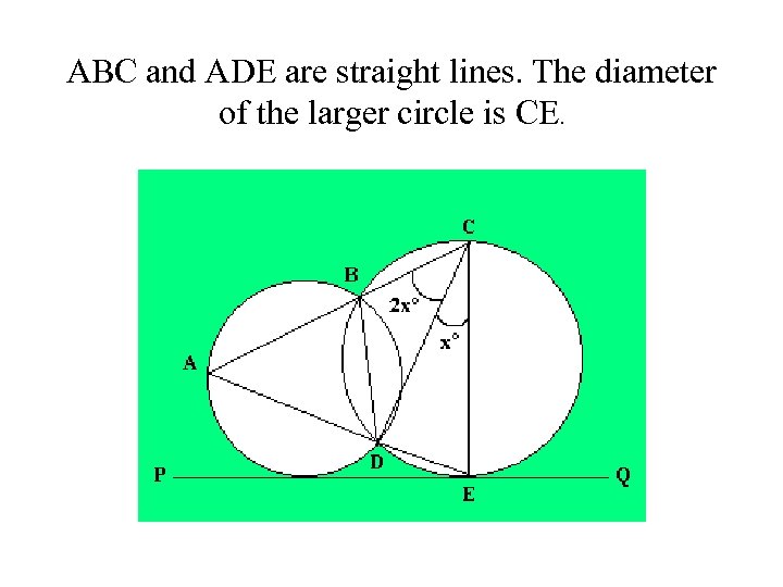 ABC and ADE are straight lines. The diameter of the larger circle is CE.