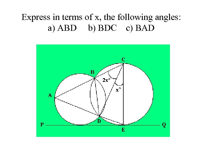 Express in terms of x, the following angles: a) ABD b) BDC c) BAD