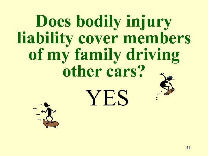 Does bodily injury liability cover members of my family driving other cars? YES 46