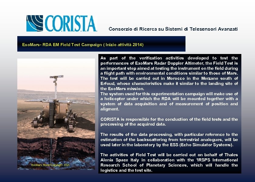 Consorzio di Ricerca su Sistemi di Telesensori Avanzati Exo. Mars- RDA EM Field Test