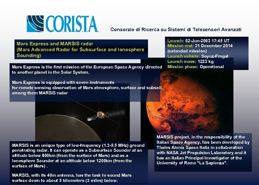 Consorzio di Ricerca su Sistemi di Telesensori Avanzati Mars Express and MARSIS radar (Mars