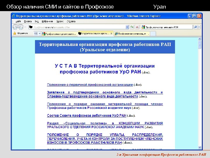 Обзор наличия СМИ и сайтов в Профсоюзе Урал 1 -я Уральская конференция Профсоюза работников