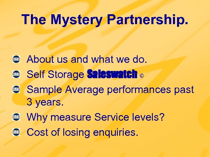 The Mystery Partnership. About us and what we do. Self Storage Saleswatch © Sample