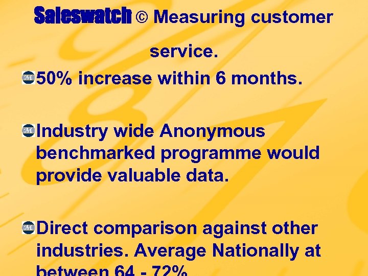 Saleswatch © Measuring customer service. 50% increase within 6 months. Industry wide Anonymous benchmarked