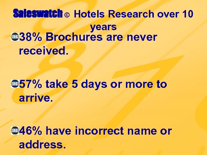 Saleswatch © Hotels Research over 10 years 38% Brochures are never received. 57% take