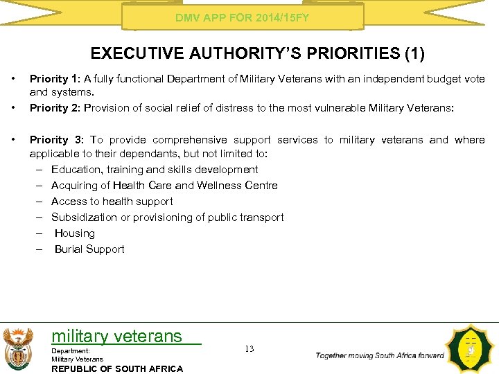 DMV APP FOR 2014/15 FY EXECUTIVE AUTHORITY’S PRIORITIES (1) • • • Priority 1: