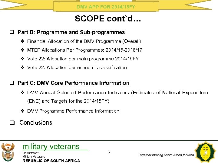 DMV APP FOR 2014/15 FY SCOPE cont`d… q Part B: Programme and Sub-programmes v