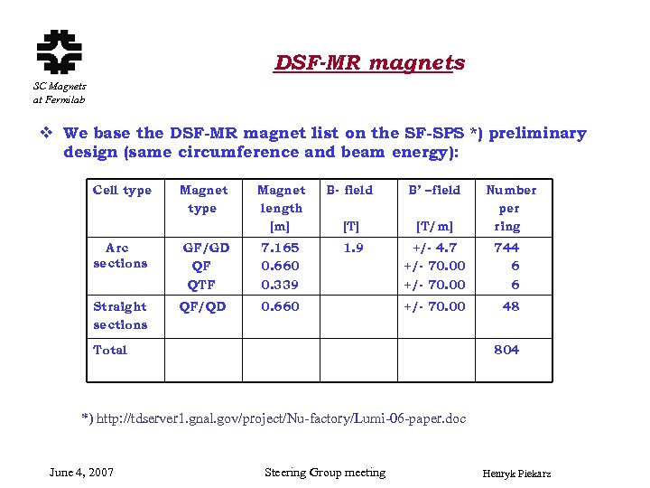 DSF-MR magnets SC Magnets at Fermilab v We base the DSF-MR magnet list on