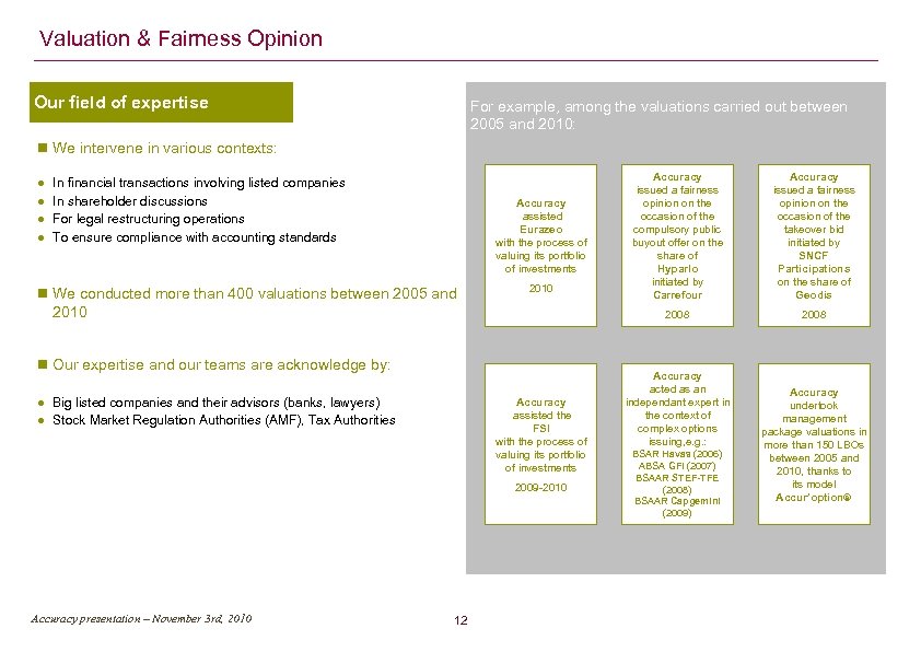  Valuation & Fairness Opinion Our field of expertise For example, among the valuations