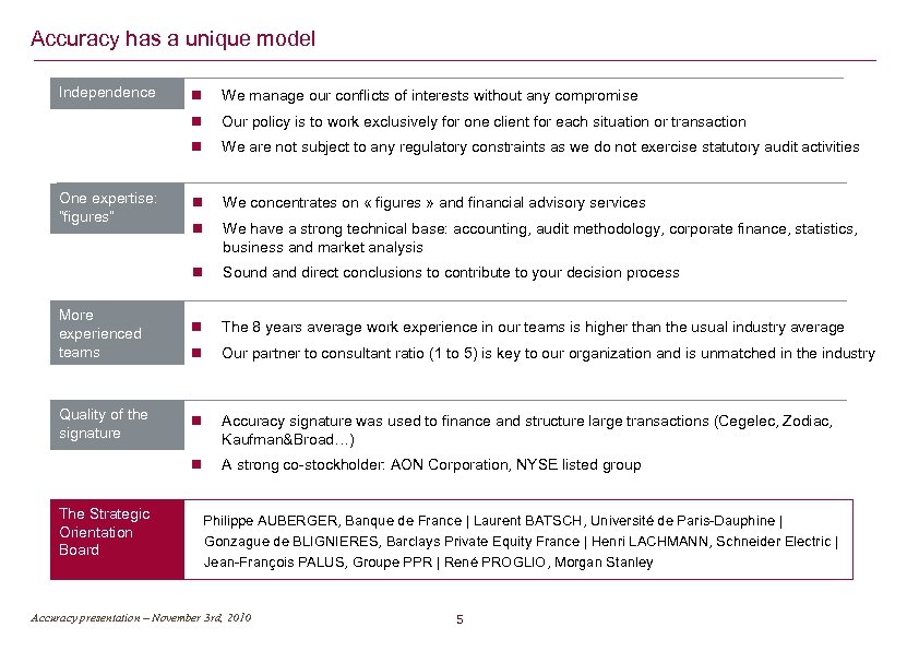  Accuracy has a unique model Independence We manage our conflicts of interests without