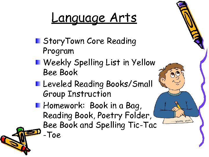 Language Arts Story. Town Core Reading Program Weekly Spelling List in Yellow Bee Book