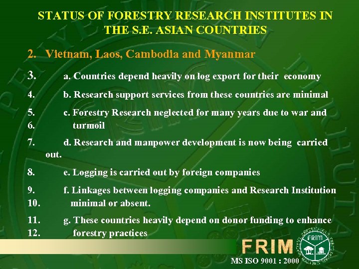 STATUS OF FORESTRY RESEARCH INSTITUTES IN THE S. E. ASIAN COUNTRIES 2. Vietnam, Laos,
