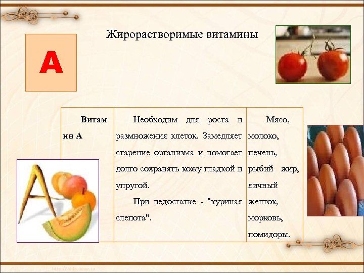 Жирорастворимые витамины A Витам ин А Необходим для роста и Мясо, размножения клеток. Замедляет