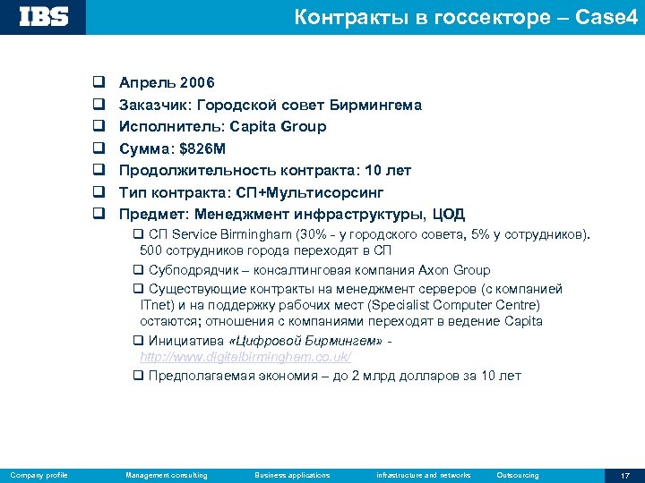 Контракты в госсекторе – Case 4 q q q q Апрель 2006 Заказчик: Городской