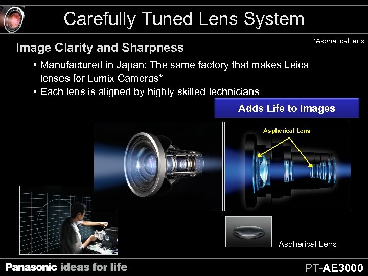 Carefully Tuned Lens System *Aspherical lens Image Clarity and Sharpness • Manufactured in Japan:
