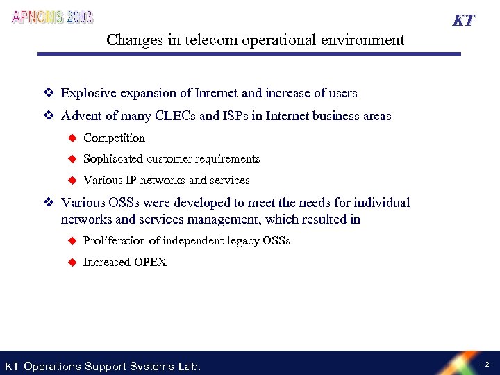KT Changes in telecom operational environment v Explosive expansion of Internet and increase of