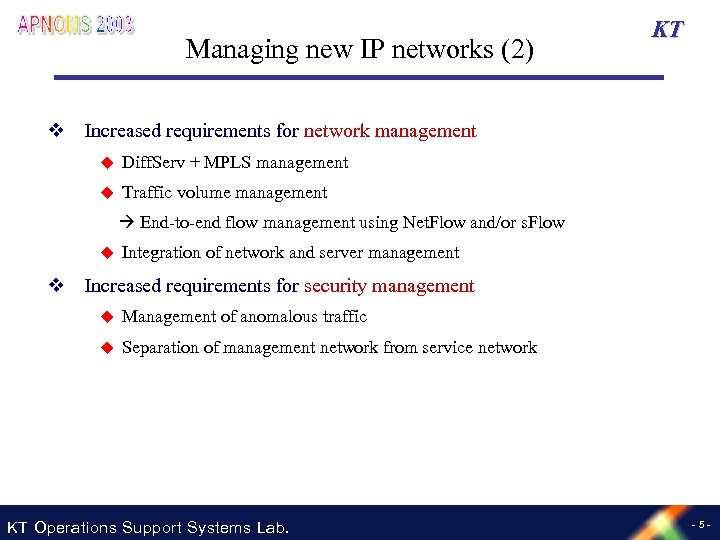 Managing new IP networks (2) KT v Increased requirements for network management u Diff.