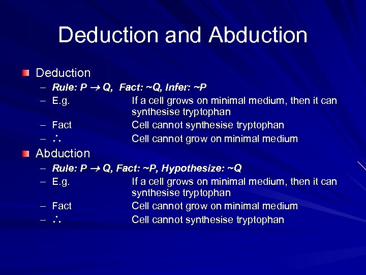 Deduction and Abduction Deduction – Rule: P Q, Fact: ~Q, Infer: ~P – E.
