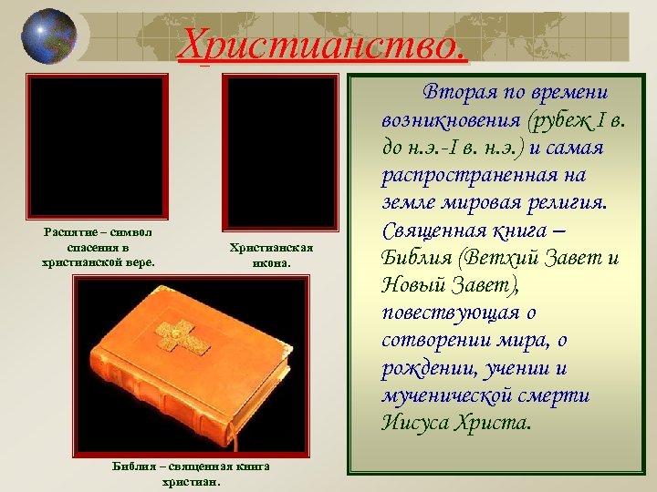 Христианство. Распятие – символ спасения в христианской вере. Христианская икона. Библия – священная книга