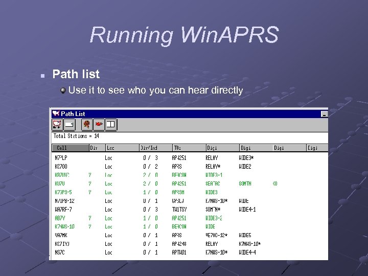 Running Win. APRS n Path list Use it to see who you can hear
