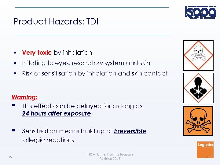 Product Hazards: TDI Very toxic by inhalation Irritating to eyes, respiratory system and skin