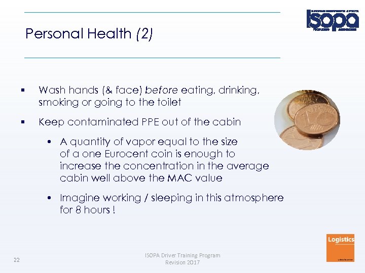 Personal Health (2) Wash hands (& face) before eating, drinking, smoking or going to