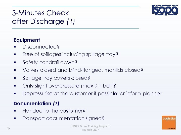 3 -Minutes Check after Discharge (1) Equipment Disconnected? Free of spillages including spillage tray?